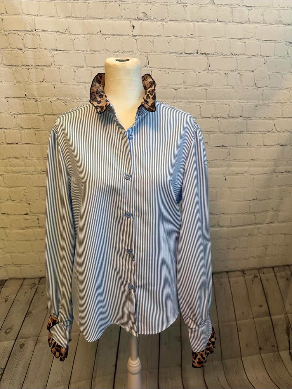 Blue white and leopard button down